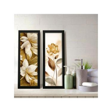 Imagem de Kit 2 Quadros Decorativos Banheiro Lavabo Floral Luxo Dourado - NoBran