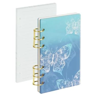Imagem de Koqye A6 fichário acrílico para caderno, 6 anéis, folha solta, agenda pessoal, 90 folhas de papel, design plano, anel redondo de metal dourado (borboleta azul, A6)