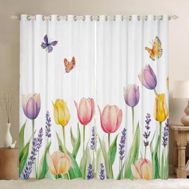 Imagem de Feelyou Cortinas de tulipa (2 painéis, 132 x 236 cm) para crianças, flores florais, escurecimento, sonhos para meninos, meninas, adolescentes, padrão de flores, 30%-50%, escurecimento, cortina