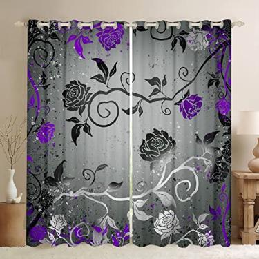 Imagem de Cortinas cinza preto roxo 106 cm L x 153 C para meninos, meninas, cortinas de janela florais modernas para quarto e sala de estar, cortinas de janela botânicas chiques, tratamentos para crianças