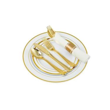 Imagem de Kit 30 Convidados Pratos E Talheres Descartável Luxo Gold - Udlandia