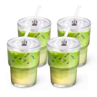 Imagem de Cafezi Copo de vidro de 368 g com canudo de vidro e tampa, copo de viagem reutilizável à prova de vazamento para café gelado, chá, matcha, suco de frutas – garrafa de água transparente de parede