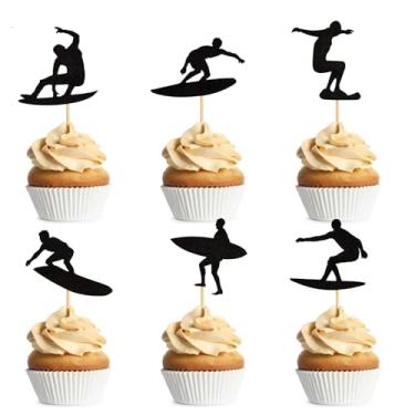 Imagem de Zpilkes 24PCS Surfing Cupcake Toppers Summer Surfboard Sport Cake Toppers Decoration for Summer Beach Surfing Theme Birthday Party Cake Supplies Black