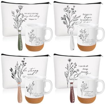 Imagem de Baderke Conjunto de 12 peças de presentes cristãos 13 xícaras de caneca de café 142 g versículo bíblico bolsa de maquiagem com chaveiro de volta às aulas presentes de igreja religiosa para professores