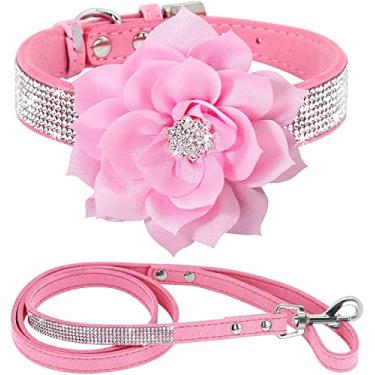 Imagem de Pimaodog Conjunto de coleira de cachorro com strass de couro de camurça macia elegante deslumbrante e elegante elegante com strass de cristal para animais de estimação gato cão coleira de cachorro M (pescoço 32,5-38,1 cm), Rosa-6)