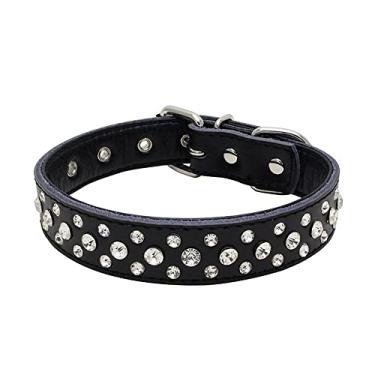 Imagem de Coleira de cachorro de strass, coleira de couro genuíno cravejado de cristal brilhante ajustável para cães pequenos e médios (P, preto)