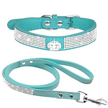 Imagem de Pimaodog Lindo deslumbrante cintilante elegante elegante camurça macia couro brilhante strass cristal jóias gato cachorro coleira cachorro cachorro coleira conjunto combo de coleira (pescoço 38-45 cm), azul-claro)