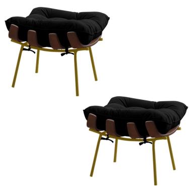 Imagem de Kit 2 Puffs Estar Abel Base de Madeira Dourada Veludo Preto