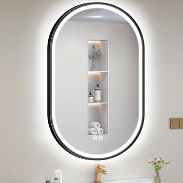 Imagem de S'bagno Espelho Oval Preto Com Led 24X36 Para Banheiro Iluminação Frontal E Traseira, Estrutura De Metal, Antiembaçante, Regulável Continuamente, Penteadeira 3 Cores Temperatura (Horizontal/Vertical