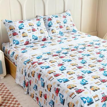 Imagem de Homilay Jogo de lençol completo infantil – 4 peças de lençóis de carro de engenharia para meninos, meninas, adolescentes, crianças pequenas, fácil ajuste, bolsos profundos, respirável, sem rugas