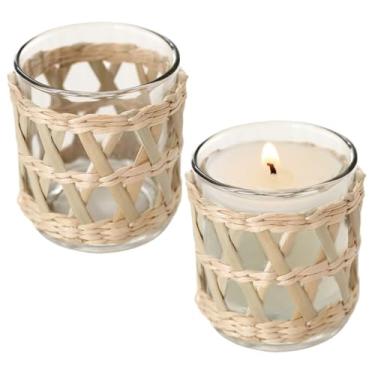 Imagem de Castiçal de vime tecido, 7 x 8 cm, 2 peças, suporte de vela decorativo de vidro de palha para mesa de jantar, cozinha, decoração de casamento