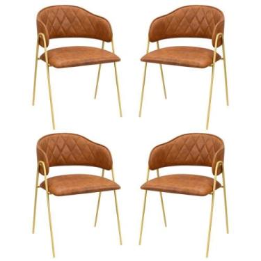 Imagem de Conjunto 4 Cadeiras Veneza Couro Caramelo Metal Dourado - C&M Decor
