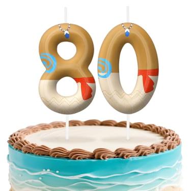 Imagem de Velas de aniversário Havaí número 80, topo de bolo com tema de ilha para decoração de bolo para meninos e meninas, decorações de aniversário, suprimentos de festa, velas numéricas para decoração de