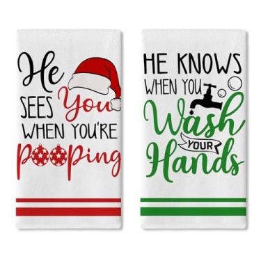 Imagem de YMCAFZ Engraçado conjunto de 2 toalhas de prato de cozinha de Natal, ele vê você quando você está cocô toalha de mão secando pano, cozinha, novidade, inverno, férias, casa, banheiro, decoração, 46 x