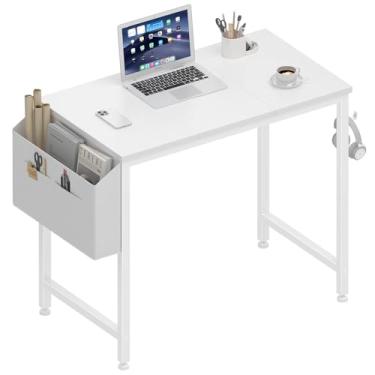 Imagem de Lufeiya Mesa branca pequena para espaços pequenos, mesa de estudo para quarto de meninas de 81 cm, mesa lateral simples e moderna com bolsa de armazenamento, gancho para fone de ouvido, branca