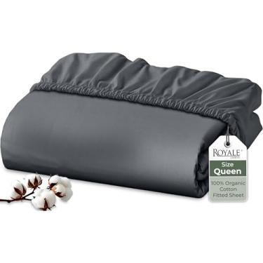 Imagem de Royale Linens Lençol com elástico 100% algodão orgânico – tecido percal – lençol de baixo com bolso profundo super macio – lençol Queen com elástico cinza – somente lençol Queen – (152 x 203 cm + 38
