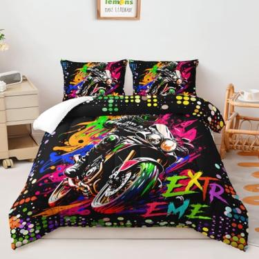 Imagem de AILONEN Conjunto de edredom de motocicleta, tamanho solteiro, aquarela para meninos e adolescentes, tema de esportes radicais, conjunto de edredom para decoração de quarto, 3 peças, 1 colcha + 2