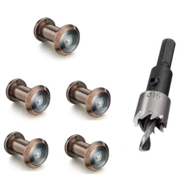 Imagem de TOGU 5 peças de furos de latão sólido de 220 graus para porta com broca de 16 mm, olho mágico de porta de 1,6 cm com privacidade, compatível com porta grossa de 3,5 cm a 6,5 cm, acabamento de cobre