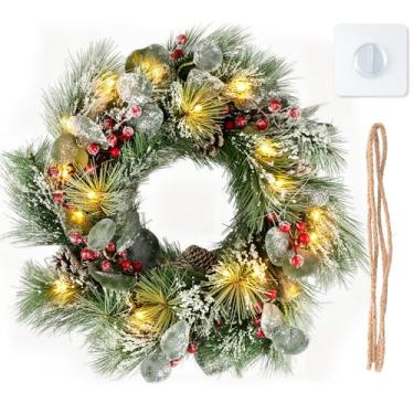 Imagem de DomeStar Guirlanda de Natal com luzes, guirlanda de Natal grande à prova d'água de 61 cm com pinhas, cachos de frutas silvestres, ramos foscos para decoração de paredes de varanda de casa