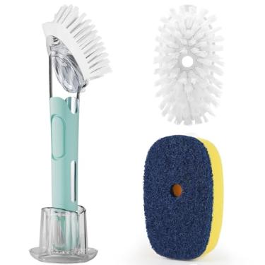 Imagem de Conjunto de escova de prato com dispensador de sabão com 2 refis de escova e suporte, esfregão de pratos com dispensador de sabão, escova de sabonete, varinha de prato com dispensador de sabão para