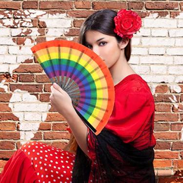 Imagem de Ventilador dobrável, ventilador de kung fu colorido orgulho arco-íris de bambu cores naturais ventiladores de mão dobráveis ​​com bolsa de armazenamento ventilador de mão de festa de dança elegante po