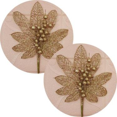 Imagem de Flores Enfeite Árvore Natal Gliter Dourado De 45cm Kit 6pçs - Genérico