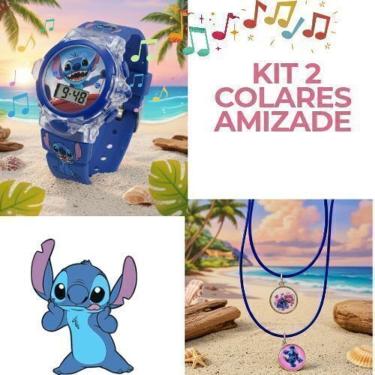 Imagem de Kit Relógio Infantil Digital Pisca Luz colorida toca musica Disney Stitch Angel Lilo rosa azul + Colares duplo Amizade