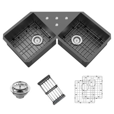 Imagem de Pia de cozinha de canto preto de 82,5 cm – tigela dupla de aço inoxidável com borboleta embaixo da pia moderna vem com grade inferior, tapete de silicone, escorredor, montagem de dreno, boa solução