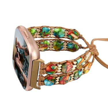 Imagem de Fivoilin Pulseira feminina com contas de pedra natural, compatível com Fitbit Versa 4/Versa 3/Sense 2/Sense, pulseira de tecido energético Boho Chakra, multicolorida