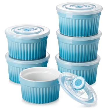 Imagem de vancasso Ramekins de 227 g com tampa, pratos de suflê de creme brulee de porcelana, copos de pudim azul para assar, pode ir à lava-louças e ao forno, conjunto de 6