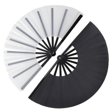 Imagem de Yunaeduo Pacote com 2 leques grandes dobráveis para dança em linha, botas no chão, fãs de rave, fãs de dança portáteis de tecido de nylon de 33 cm (preto e branco)