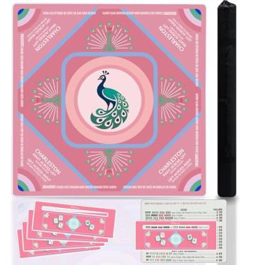 Imagem de BUZCOZY Peacock Mahjong Mat and 4Pcs Acrylic Mahjong Line Finder Set，31.5x31.5 Inch Non-Slip Noise Reduction Gaming Mat with Carry Bag,Cute Mahjong Line Finder for Beginners,Party, Poker Board Games