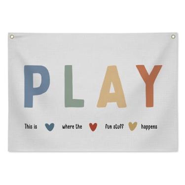 Imagem de Faixa de linho Play & Stay para berçário de sala de jogos, pendurar na parede neutra para decoração de quarto de bebê, arte rústica de quarto infantil para meninos e meninas, 71 x 50 cm - C02