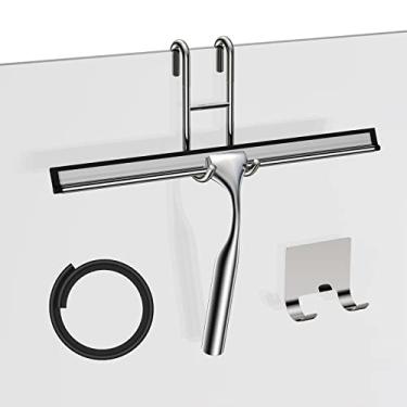 Imagem de Rodo de chuveiro para porta de vidro, limpador de janela de rodo de banheiro de aço inoxidável, inclui gancho de porta de chuveiro, gancho adesivo e lâmina de silicone sobressalente para espelho de