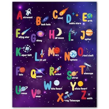 Imagem de ZUKIY Pôster de aprendizagem do alfabeto espacial - Pôster do alfabeto espacial para crianças - Decoração de quarto externo - Impressão do sistema solar Abc para crianças, meninos ou meninas, quarto