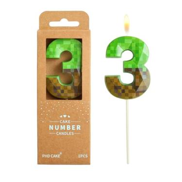 Imagem de PHD CAKE Velas de aniversário número 3 pixeis de cristal de 6 cm, velas verdes com número de mineiro, velas com número de bolo, celebração de festa, vela estilo