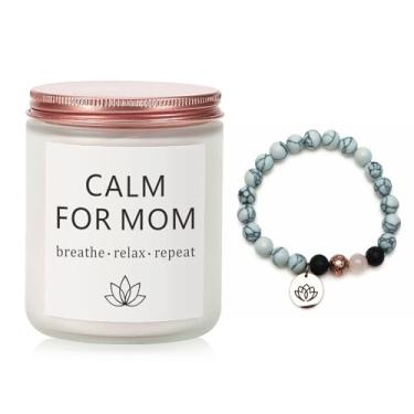 Imagem de Presentes para mãe de filha ou filho – Presentes de aniversário e Natal – Calm for Mom – Conjunto de presente de vela lavanda e pulseira de pedra vulcânica – presente relaxante para alívio do estresse