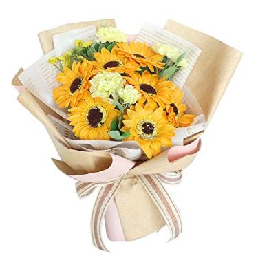 Imagem de LMJYU Buquê de girassol laranja vibrante: decoração de flores artificiais com bolsa de transporte - buquês de girassol de flor de sabão falso de espuma - Brindes encantadores para casa ou eventos