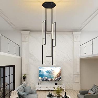 Imagem de Lustre retangular moderno, 80 cm (C) x 20 cm (L) x 200 cm (A), preto, LED, controle remoto, dimerizável, ideal para sala de estar com pé direito alto, escada, corredor, hall de entrada, casa