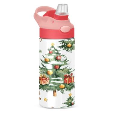 Imagem de YETTASBIN Garrafa de água de árvore de Natal para crianças, 340 g, à prova de vazamento, parede dupla, isolada, copo de viagem com tampa de canudo para meninas, meninos e crianças