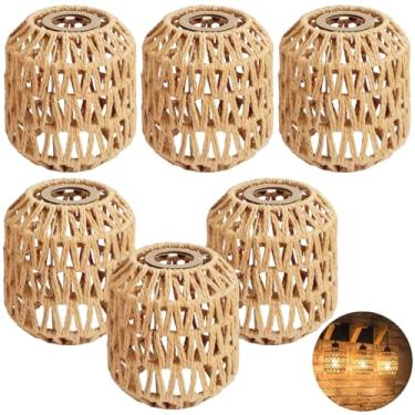 Imagem de 6 peças de abajur de vime boêmio, 15 x 13 cm de substituição para luminárias E27, abajur de vime para quarto, pingente, parede, mesa e teto