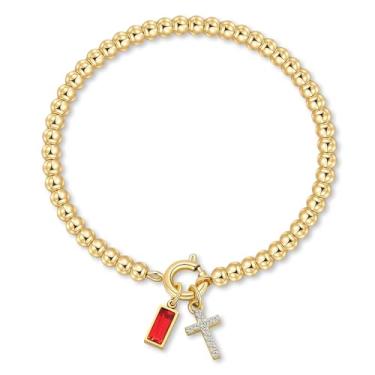 Imagem de Korotho Pulseira de pedra de nascimento cruzada para mulheres – Pulseiras elásticas delicadas banhadas a ouro 14 K, modernas, à prova d'água, não mancham, joias de aniversário, Natal, meias para mães