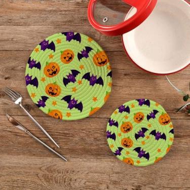 Imagem de CEBUGI Conjuntos de suportes de panela redondos de algodão para panelas quentes resistentes ao calor para cozinhar e assar, 2 peças de morcegos de abóbora