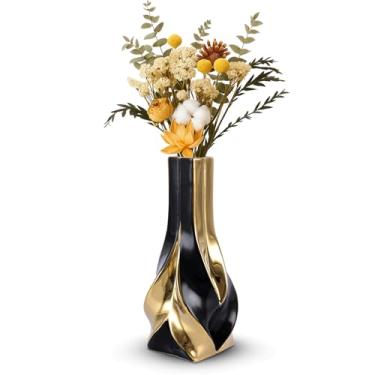 Imagem de Vaso de cerâmica preto e dourado de 27 cm, vaso de flores geométrico moderno para mesa de jantar, vaso decorativo elegante para grama dos pampas, sala de estar, quarto, escritório, decoração de mesa