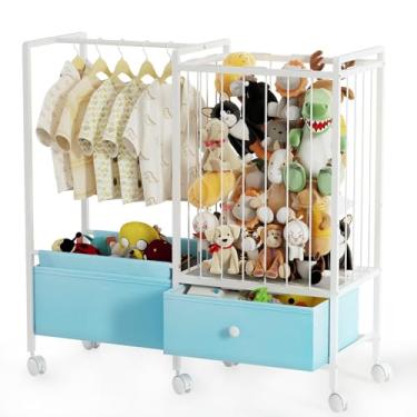Imagem de Armazenamento de animais de pelúcia com rodas, rede 3 em 1 para animais de pelúcia com rack de roupas infantis e organizador de brinquedos, suporte de brinquedo de pelúcia com gaveta de tecido, gaiola