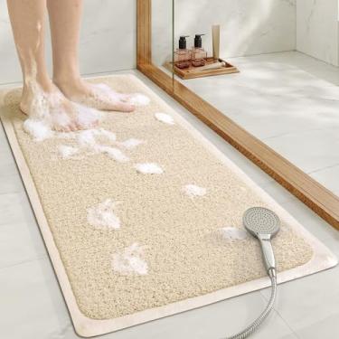 Imagem de Mecko Tapetes de chuveiro antiderrapantes, 40 x 101 cm, tapetes de banheira antiderrapantes com ventosas para banheiro, tapetes de banho de bucha para chuveiro, tapetes de chuveiro de secagem rápida