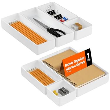 Imagem de eazttouz Pacote com 7 bandejas organizadoras de gaveta empilháveis, caixas de armazenamento rasas de plástico para penteadeira de banheiro, gaveta de mesa, cozinha, organização de maquiagem, branco