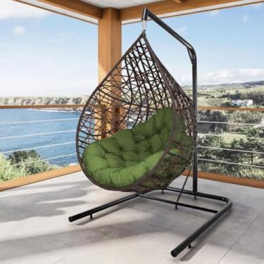Imagem de Cadeira Balanço Ninho Suspenso Gota – Tramado com Suporte e Almofada Impermeável, Ideal para Varanda, Jardim e Sala de Estar (Tabaco/Verde)