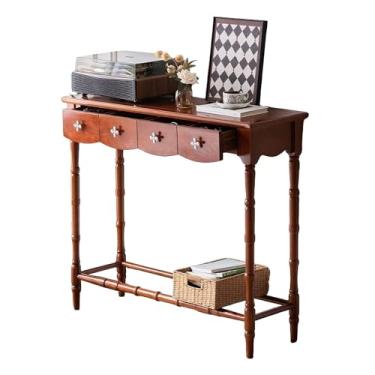 Imagem de Console moderno de meados do século 4 gavetas e prateleira de armazenamento aberta, mesa de sofá de madeira maciça atrás do sofá estreita longa, mesa de 2 andares com armazenamento