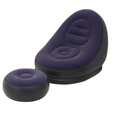 Imagem de Kit Sofá Inflável Poltrona Fitness + Puff Apoio Pés + Bomba Infladora - Cinza PVC Flockado Resistente | Confortável para Atividades ao Ar Livre, Treinos em Casa e Relaxamento Diário (Roxo)